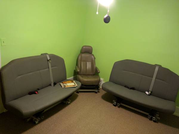 Repurposed auto seats, now chairs. Repurposed auto seats, now chairs.